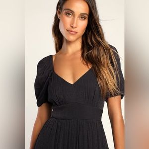 Navy Blue Puff Sleeve Midi Dress